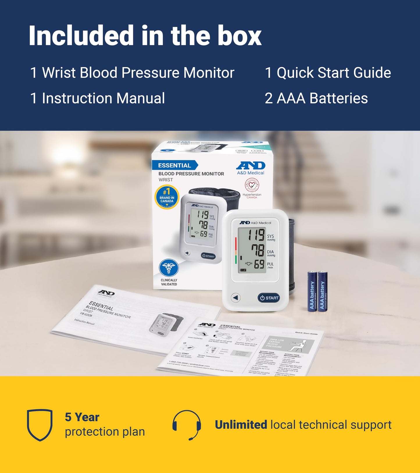 A&D Medical Wrist Blood Pressure Monitor for Home Use - UB-525CN, BP Adjustable Cuff (5.3-8.5"/13.5-21.5 cm) One Button Operation, 60 Reading Memory, FSA/HSA Eligible, 2 AAA Batteries - Available at All In One Marketplace Canada