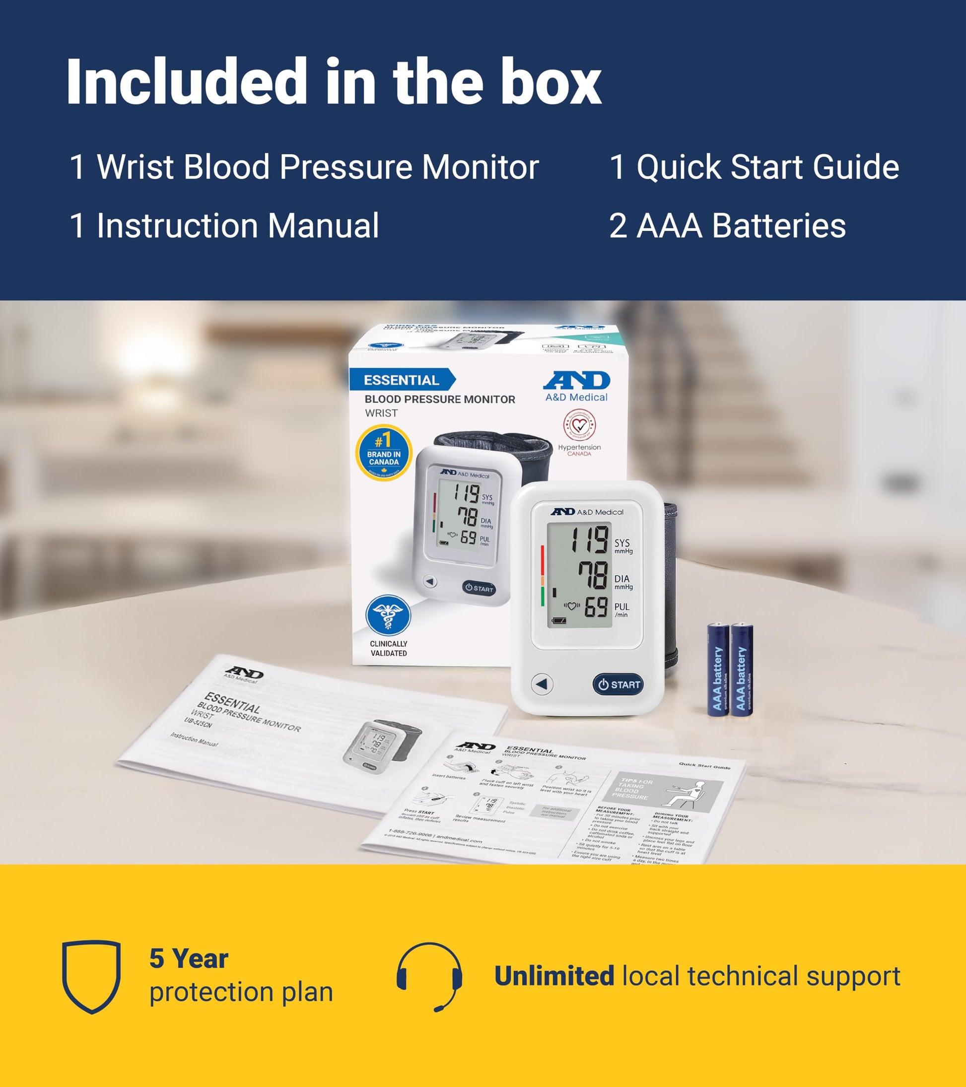 A&D Medical Wrist Blood Pressure Monitor for Home Use - UB-525CN, BP Adjustable Cuff (5.3-8.5"/13.5-21.5 cm) One Button Operation, 60 Reading Memory, FSA/HSA Eligible, 2 AAA Batteries - Available at All In One Marketplace Canada