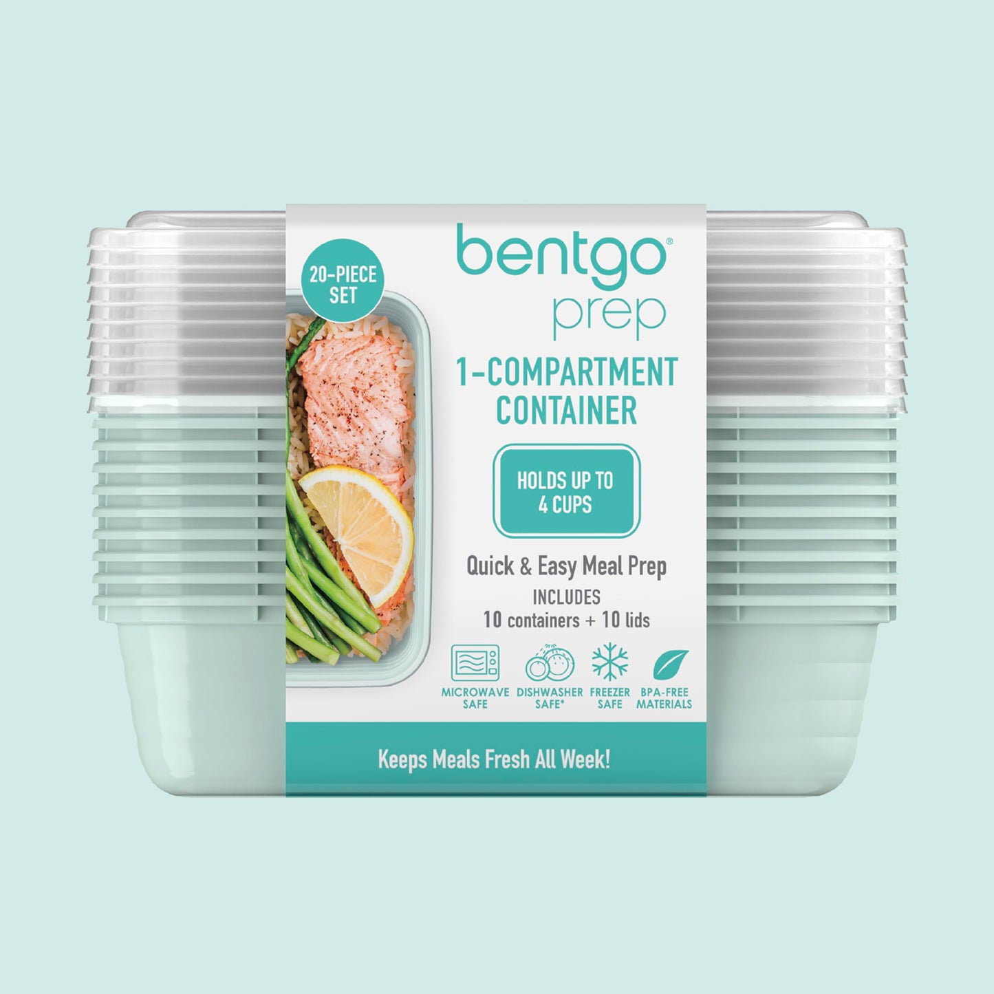 Bentgo Prep 1-Compartment Meal-Prep Containers with Custom-Fit Lids - Microwaveable, Durable, Reusable, BPA-Free, Freezer and Dishwasher Safe Food Storage Containers - 10 Trays & 10 Lids (Mint) - Available at All In One Marketplace Canada