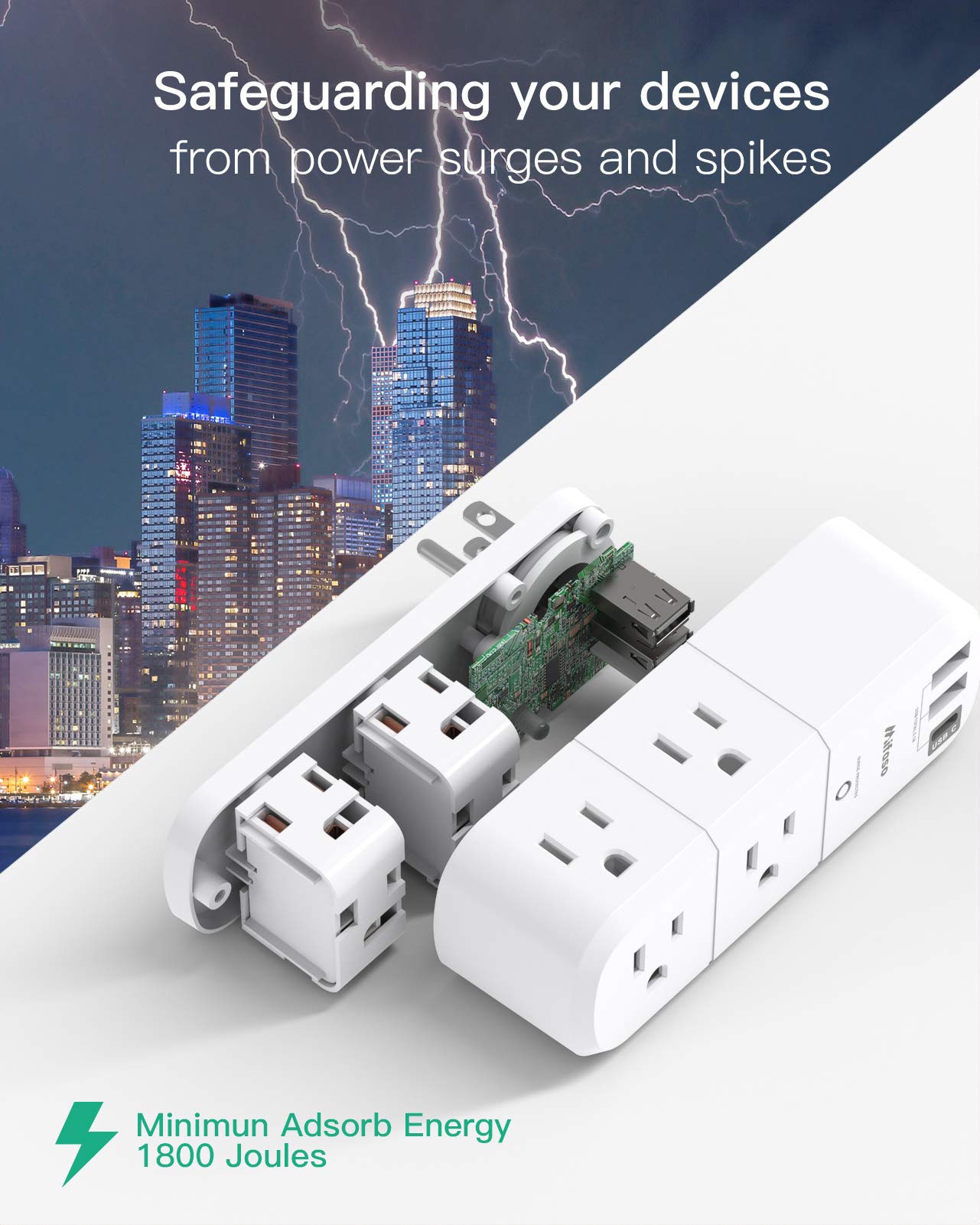 USB Outlet Extender Surge Protector - with Rotating Plug, 6 AC Multi Plug Outlet and 3 USB Ports (1 USB C), 3-Sided Swivel Power Strip with Spaced Outlet Splitter for Home, Office, Travel