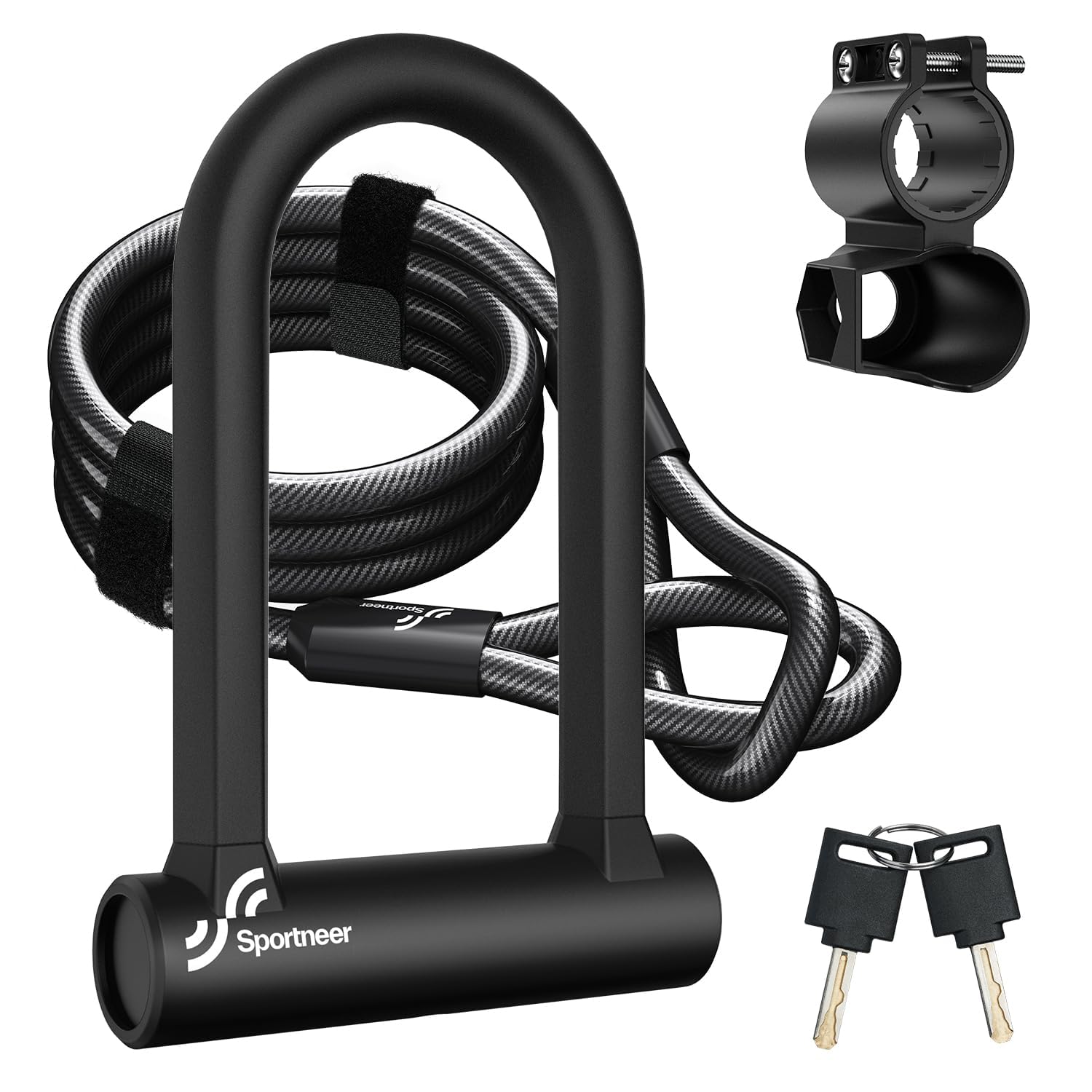 Sportneer Bike Lock: 17mm Heavy Duty Anti-Theft Bike U Lock with 12mm x 1.5m Steel Cable, High-Security Bicycle Lock with 2 Keys & Mounting Bracket for Mountain, Road, Folding & Electric Bikes