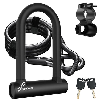Sportneer Bike Lock: 17mm Heavy Duty Anti-Theft Bike U Lock with 12mm x 1.5m Steel Cable, High-Security Bicycle Lock with 2 Keys & Mounting Bracket for Mountain, Road, Folding & Electric Bikes