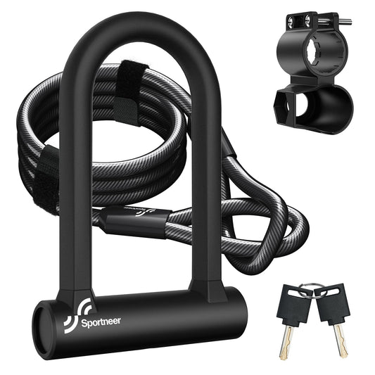 Sportneer Bike Lock: 17mm Heavy Duty Anti-Theft Bike U Lock with 12mm x 1.5m Steel Cable, High-Security Bicycle Lock with 2 Keys & Mounting Bracket for Mountain, Road, Folding & Electric Bikes