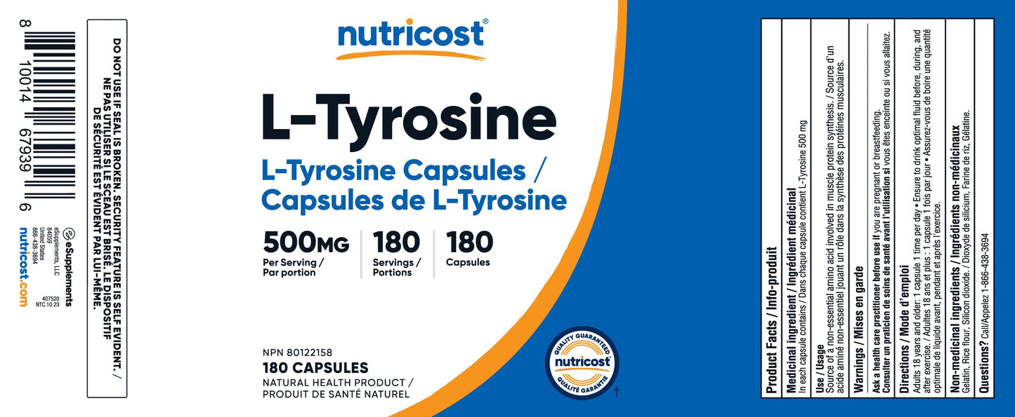 Nutricost L-Tyrosine Supplement (500mg) 180 Capsules - Gluten Free & Non-GMO - Available at All In One Marketplace Canada