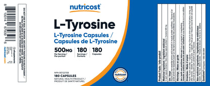 Nutricost L-Tyrosine Supplement (500mg) 180 Capsules - Gluten Free & Non-GMO - Available at All In One Marketplace Canada