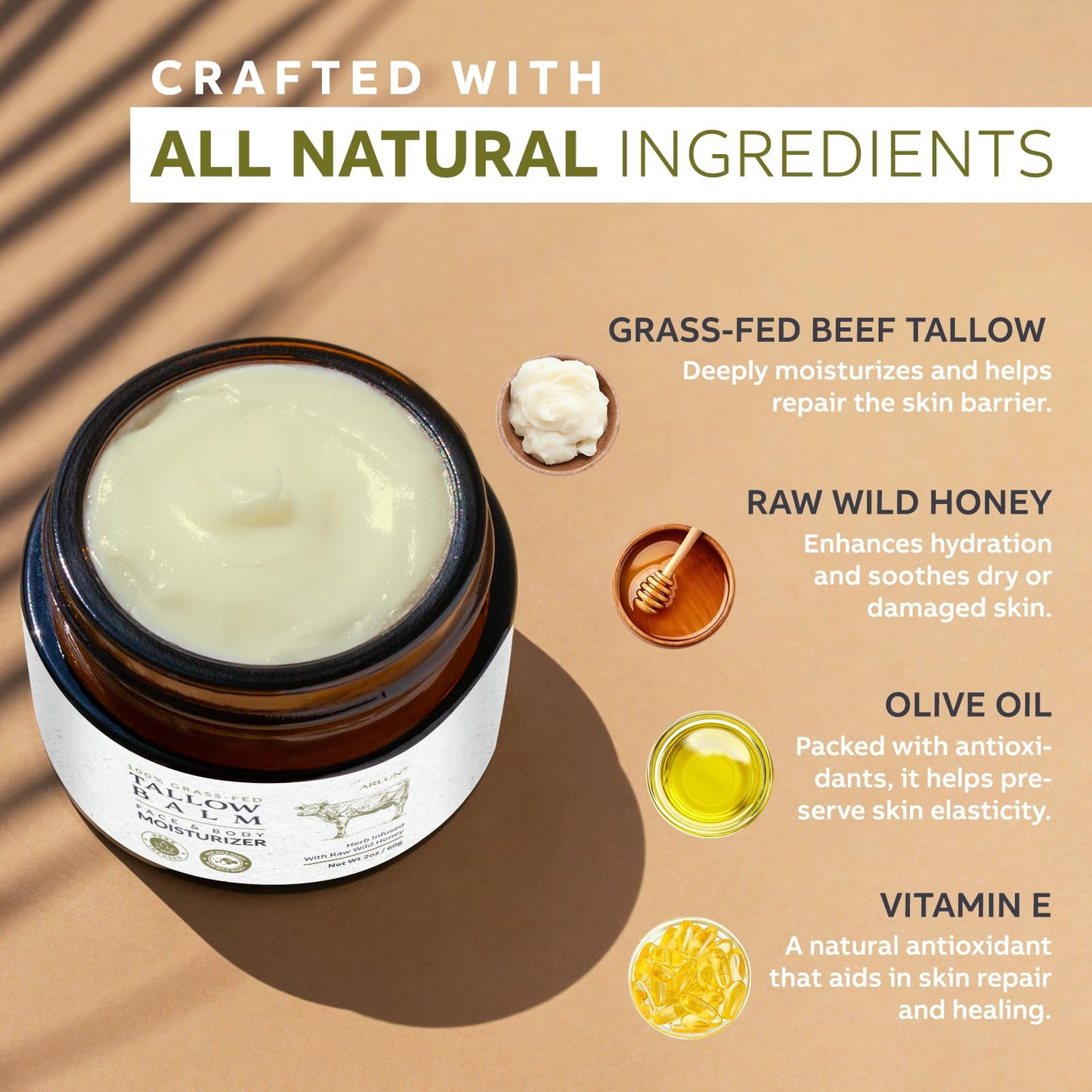 Beef Tallow and Honey Balm for Skin: Whipped Grass Fed Beef Tallow Balm Moisturizer with Raw Honey and Olive Oil for Face and Body - Natural Cow Fat Cream Unscented - Available at All In One Marketplace Canada