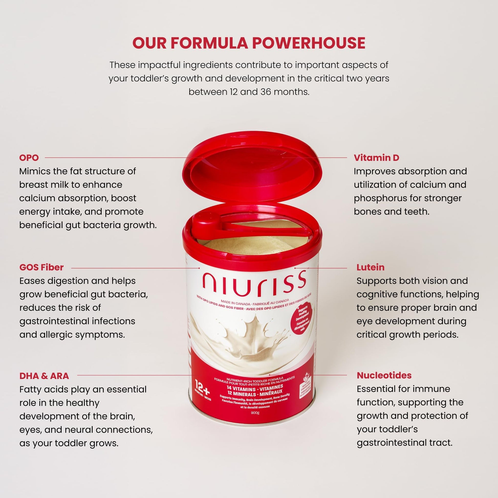NIURISS Toddler Formula - 27 Micronutrients, OPO Lipids & GOS Fiber, Canadian Milk, Kosher & Halal Certified - 900g (12-36 months)