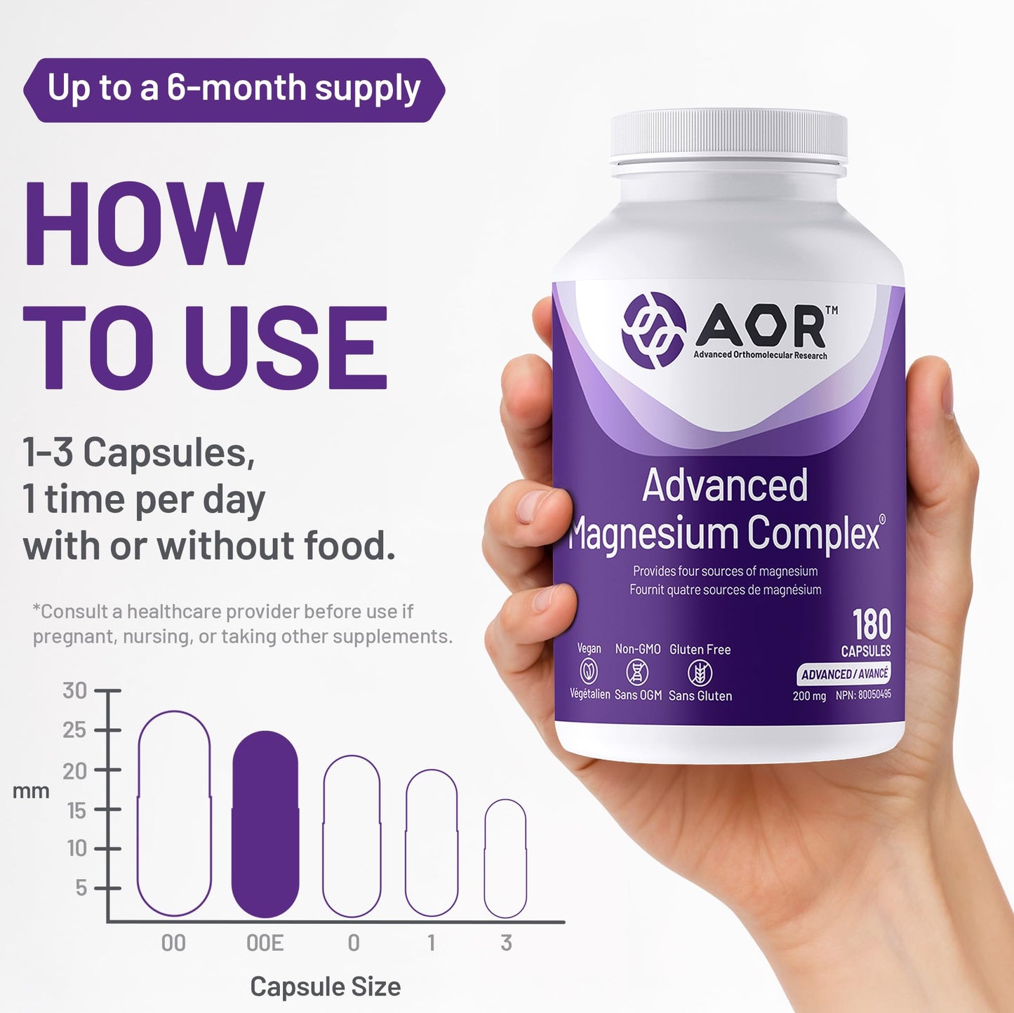 AOR Advanced Magnesium Complex 200mg, 180 Capsules 180-Day Supply - Highly Absorbable Magnesium Glycinate, Aspartate, Malate & Ascorbate - Elemental Chelated Complex for Relaxation and Muscle Comfort - Available at All In One Marketplace Canada