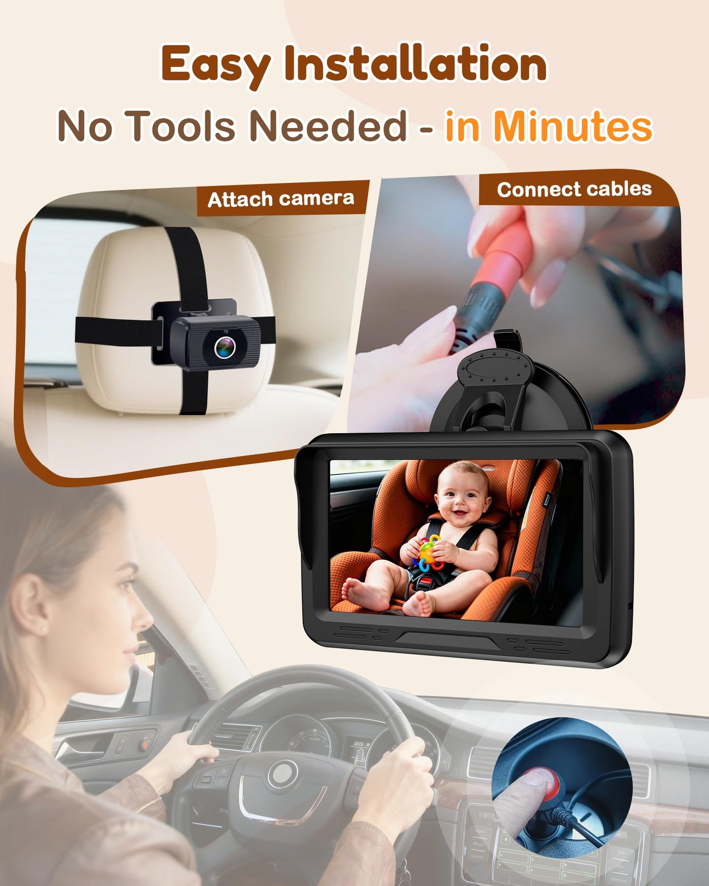 Rohent Baby Car Camera HD 1080P - Rear-Facing Infant Monitor with Night Vision Car Camera for Baby 150° Wide-Angle Lens Anti-Glare Screen Easy Install 360° Adjustable Display