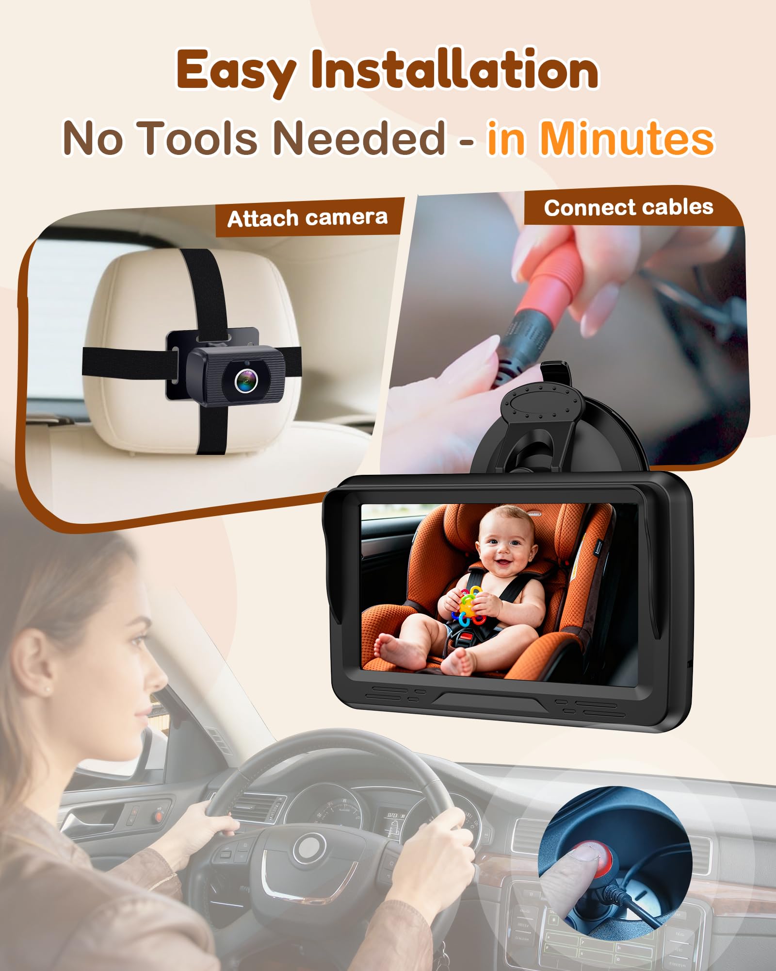 Rohent Baby Car Camera HD 1080P - Rear-Facing Infant Monitor with Night Vision Car Camera for Baby 150° Wide-Angle Lens Anti-Glare Screen Easy Install 360° Adjustable Display