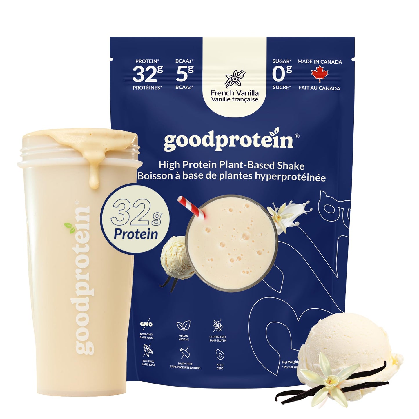 Good Protein – 32g Protein, Vegan High Protein Powder, 100% Natural, Non-GMO, Dairy-free, Gluten & Soy Free and No Added Sugar. Plant-Based Protein Shake (French Vanilla, 470 g)