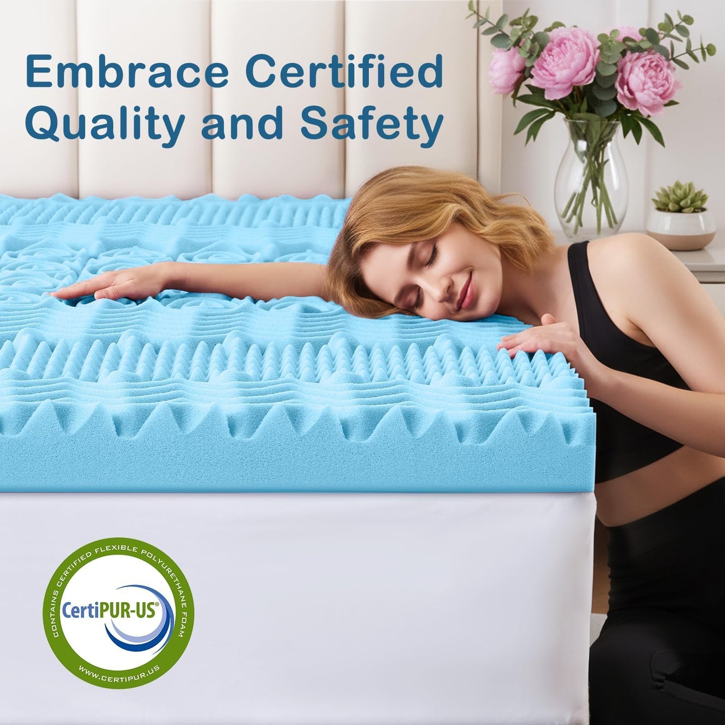 YUGYVOB Mattress Topper Queen, Foam Queen Mattress Topper, Cooling Gel Infused Bed Topper, 7 Zone Egg Crate Foam, CertiPUR-US Certified, 2 Inch - Available at All In One Marketplace Canada