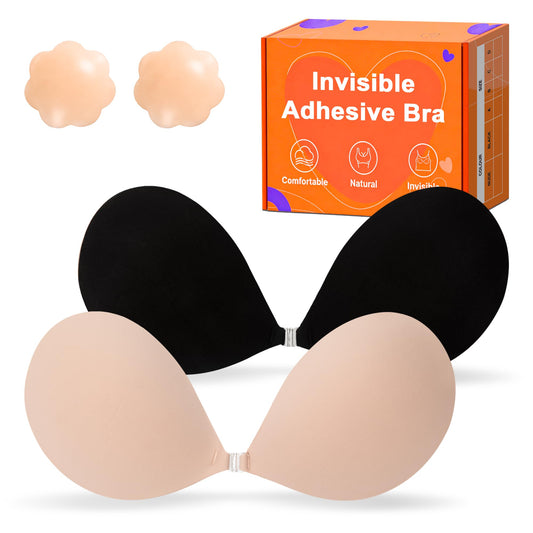 GKHWON Adhesive Bra Strapless Backless Invisible Push Up Sticky Bra with Silicone Nipple Covers Reusable Beige+Black B
