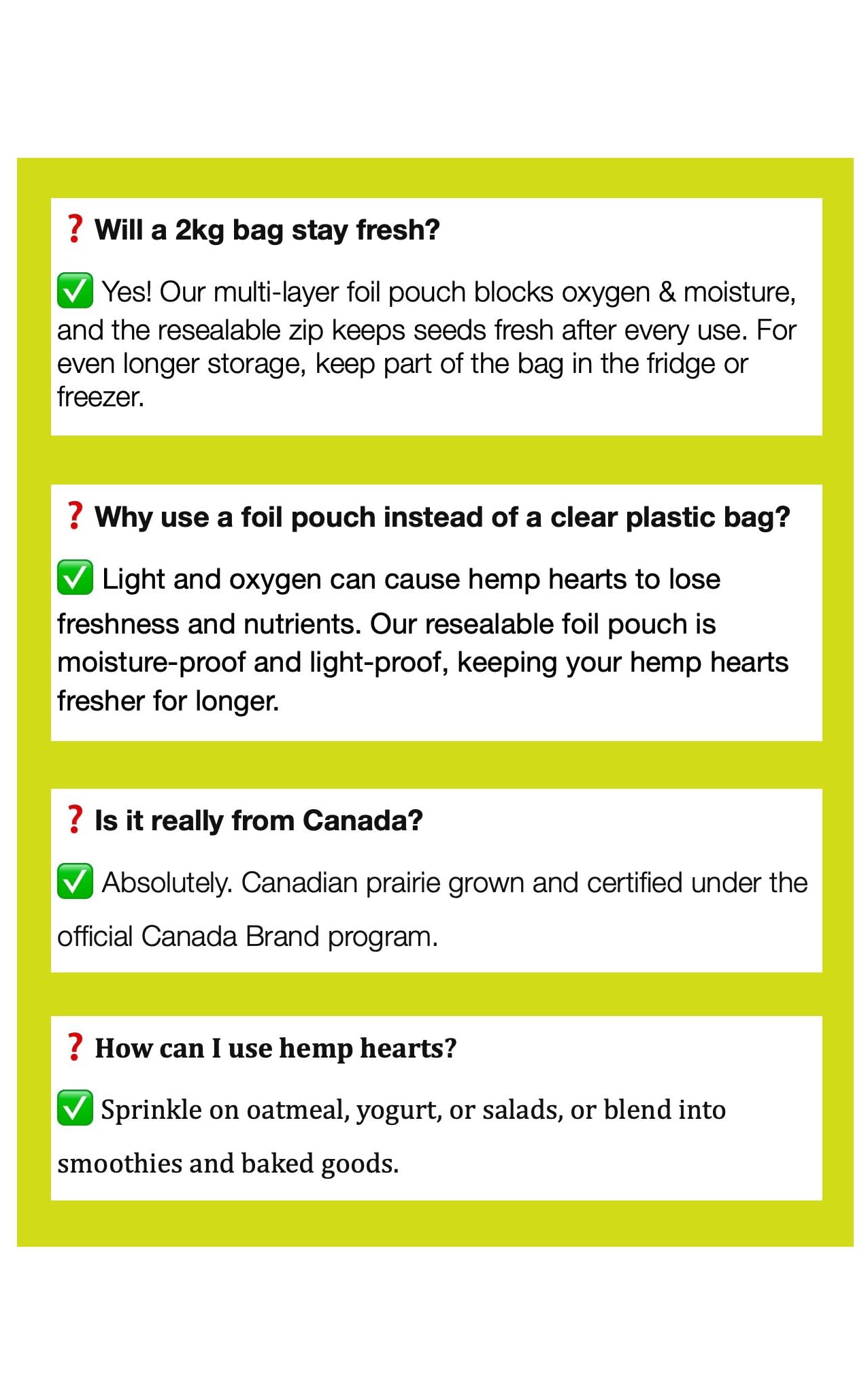 SUNYEAH Hemp Hearts - 2 kg Hulled Hemp Seeds from Saskatchewan, 12g Omega-3 & 6 per Serving, Non-GMO Vegan Keto