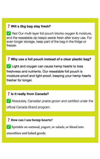 SUNYEAH Hemp Hearts - 2 kg Hulled Hemp Seeds from Saskatchewan, 12g Omega-3 & 6 per Serving, Non-GMO Vegan Keto