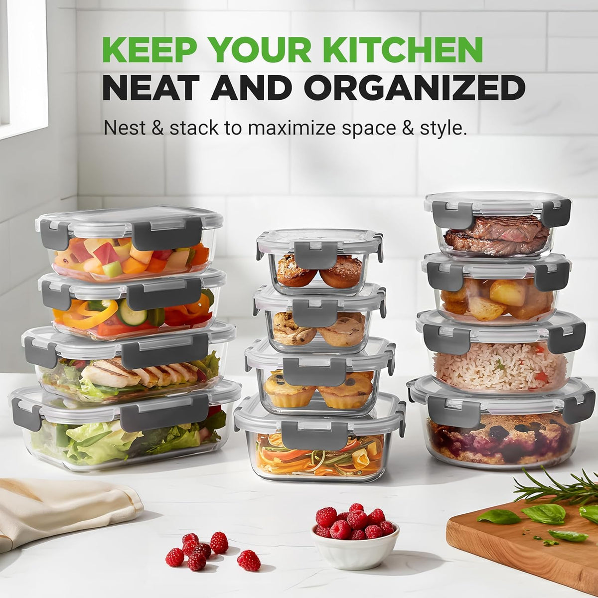 NutriChef 24-Pc Glass Food Storage Containers, Airtight Leakproof Lids