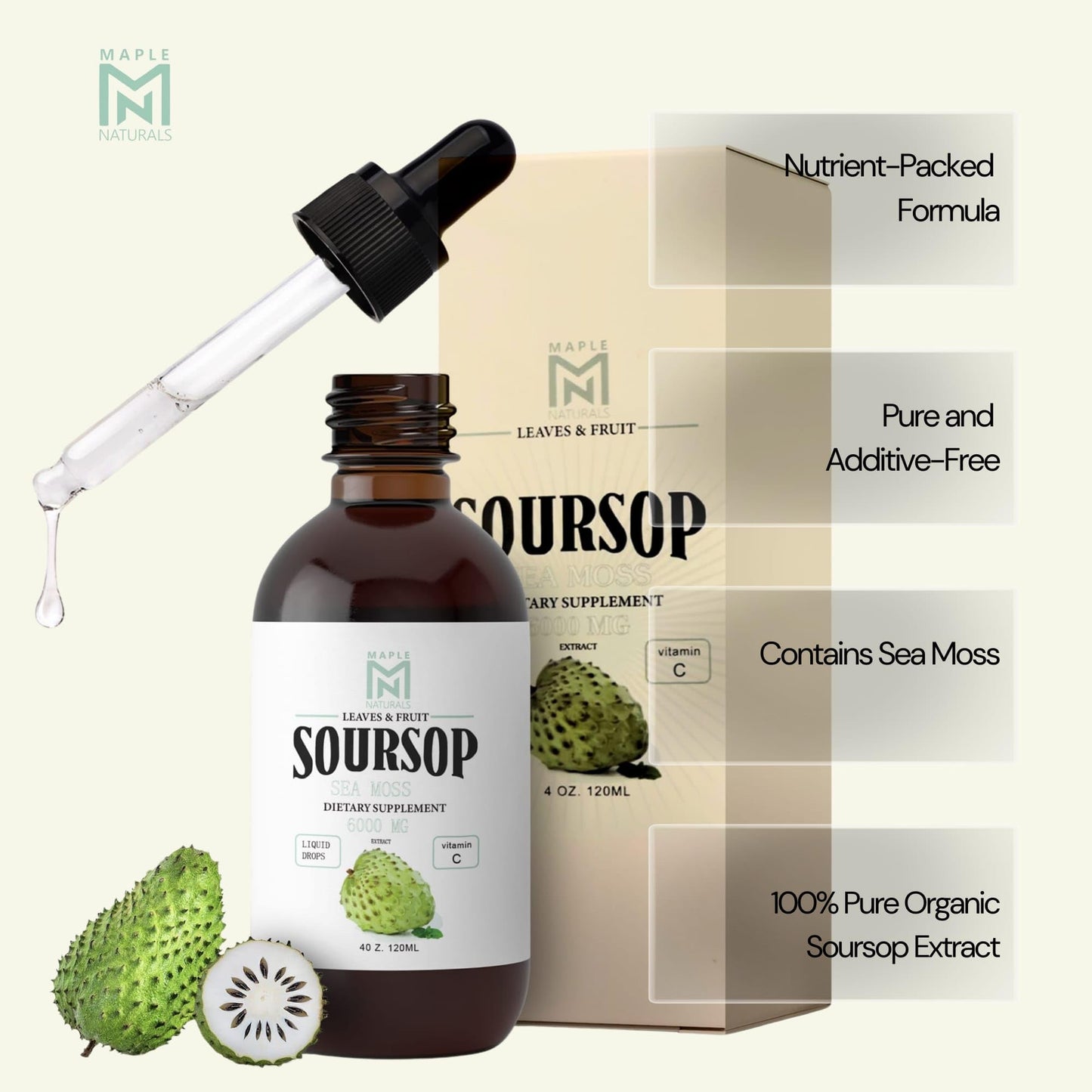Maple Naturals Soursop Graviola Liquid Extract with Sea Moss - 120ml Glass Bottle