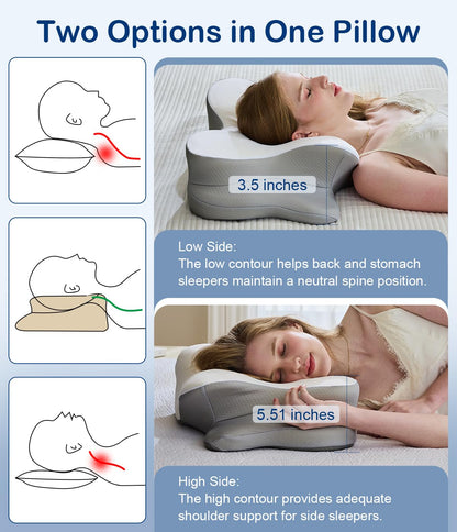CosBed Cervical Neck Pillow, Ergonomic Memory Foam Pillows for Neck Pain Relief with Breathable Pillowcase, Contour Neck Support Pillow for Side Back Stomach Sleepers White