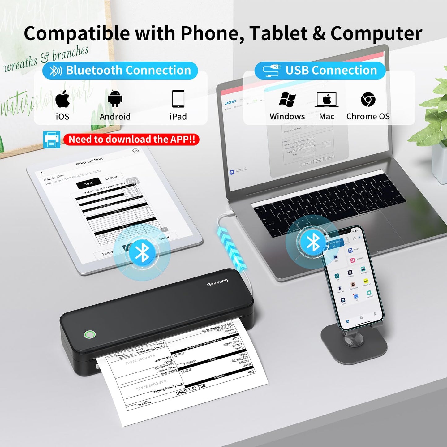 Gloryang Inkless Portable Printer for Travel, Wireless Thermal Printer Supports 8.5 x 11 Inch & A4 Size, Bluetooth Printer Includes Carry Case and 3 Rolls of Thermal Paper Kit, Black