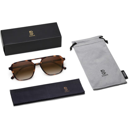 SOJOS Retro Aviator Sunglasses for Women Men,Trendy Rectangle Womens Mens Shades Sun Glasses SJ2202 Tortoise Frame Brown Grading Lens