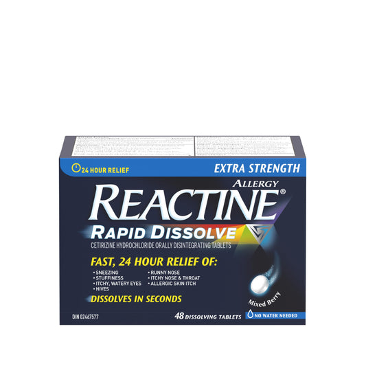 Reactine Rapid Dissolve Antihistamine Tablets - Allergy Medication with 10mg Cetirizine for 24-Hour Relief from Sneezing, Runny Nose & Watery Eyes - No Water Needed for Indoor & Outdoor 48 Count - Available at All In One Marketplace Canada