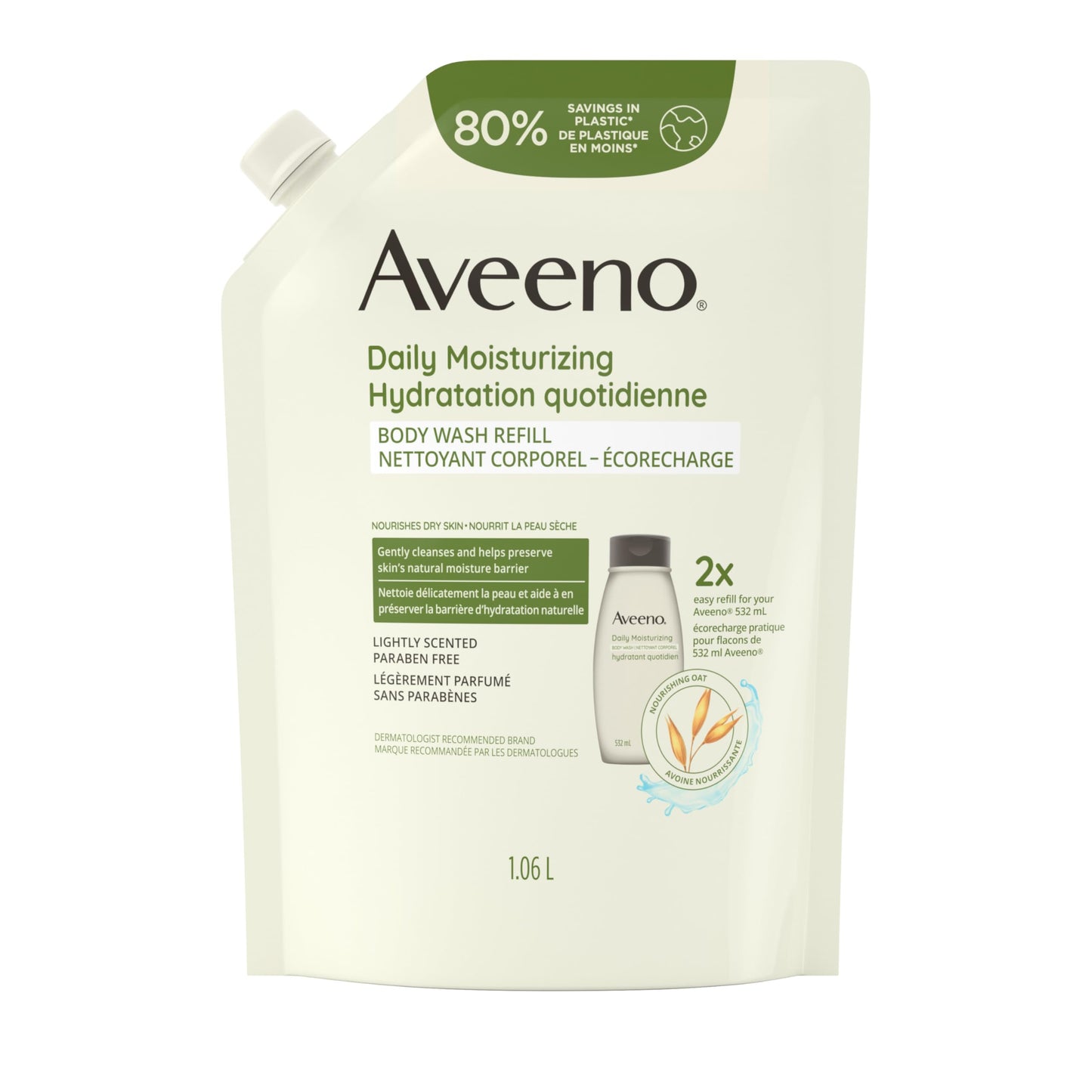 Aveeno Daily Moisturizing Body Wash for Dry & Sensitive Skin with Prebiotic Oat, Hydrating Oat Body Wash Nourishes Dry Skin & Gently Cleanses, Light Fragrance, Sulfate-Free, 1.06L, Refill Pack 🍁 All In One Marketplace Canada