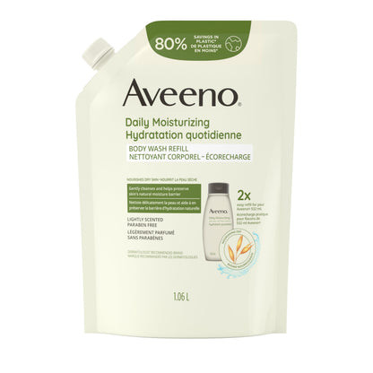 Aveeno Daily Moisturizing Body Wash for Dry & Sensitive Skin with Prebiotic Oat, Hydrating Oat Body Wash Nourishes Dry Skin & Gently Cleanses, Light Fragrance, Sulfate-Free, 1.06L, Refill Pack 🍁 All In One Marketplace Canada
