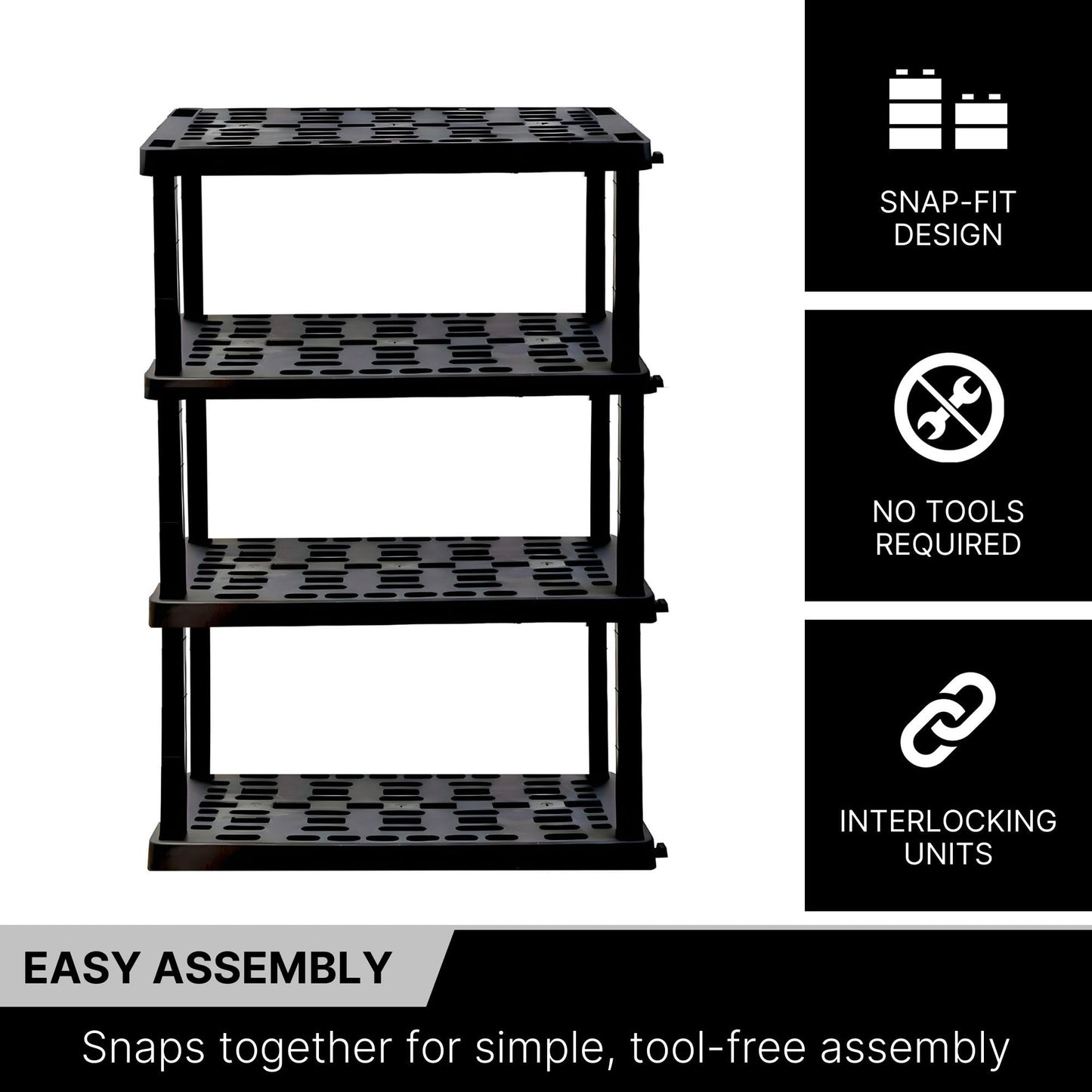 Koolatron Oscar Heavy Duty Plastic Storage Shelves- for Garage, Kitchen, Bathroom Basement, Kids Room, Toys,Stackable 4-Tier Black, Organizer Rack for Books Shoes, Pantry, Cleaning, Made in Canada Koolatron
