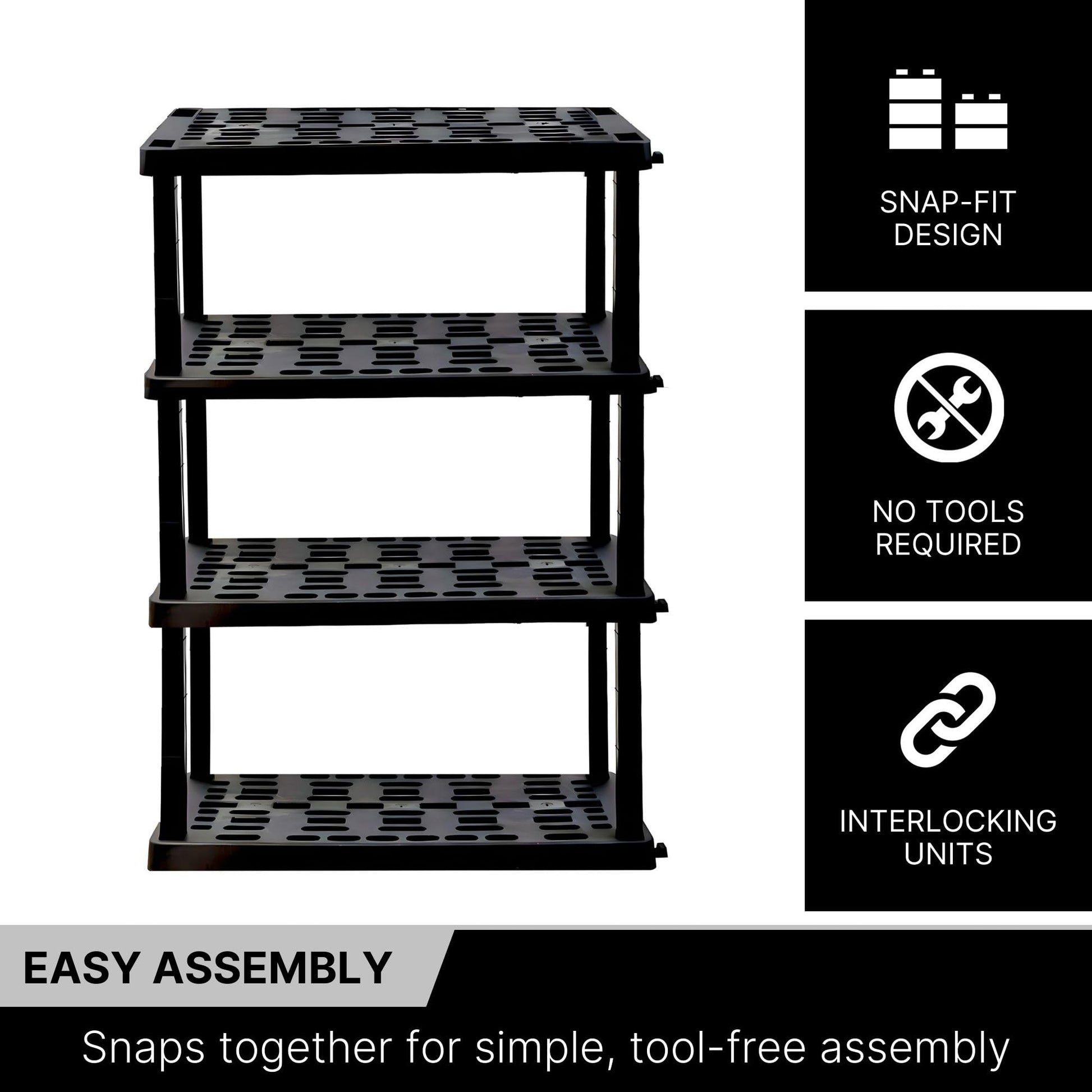 Koolatron Oscar Heavy Duty Plastic Storage Shelves- for Garage, Kitchen, Bathroom Basement, Kids Room, Toys,Stackable 4-Tier Black, Organizer Rack for Books Shoes, Pantry, Cleaning, Made in Canada Koolatron