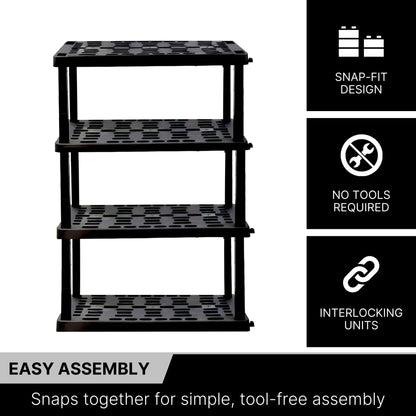 Koolatron Oscar Heavy Duty Plastic Storage Shelves- for Garage, Kitchen, Bathroom Basement, Kids Room, Toys,Stackable 4-Tier Black, Organizer Rack for Books Shoes, Pantry, Cleaning, Made in Canada Koolatron