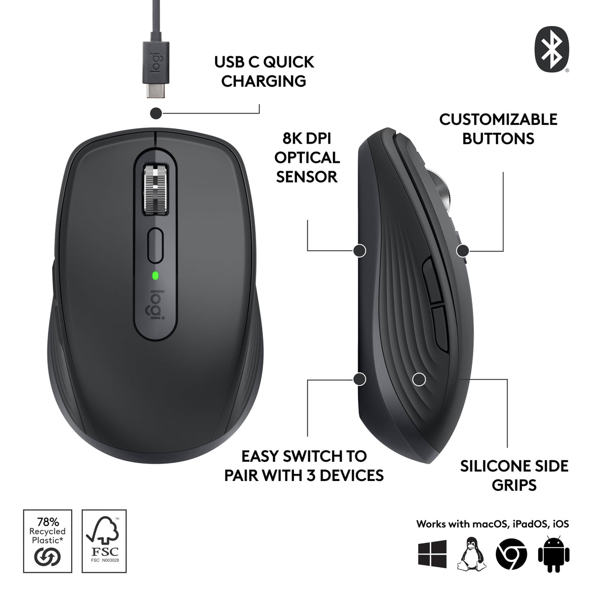 Logitech MX Anywhere 3S Compact Wireless Mouse Fast Scrolling - Graphite
