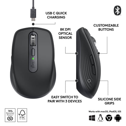 Logitech MX Anywhere 3S Compact Wireless Mouse Fast Scrolling - Graphite