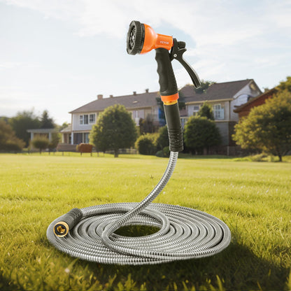 VEVOR Metal Garden Hose 100 ft, Rust Proof Stainless Steel Water Hose, Heavy Duty Backyard Hose with 10 Function Nozzle, No-Kink & Flexible Water Pipe, Lightweight Metal Hose for Yard, Outdoor 🍁 All In One Marketplace Canada