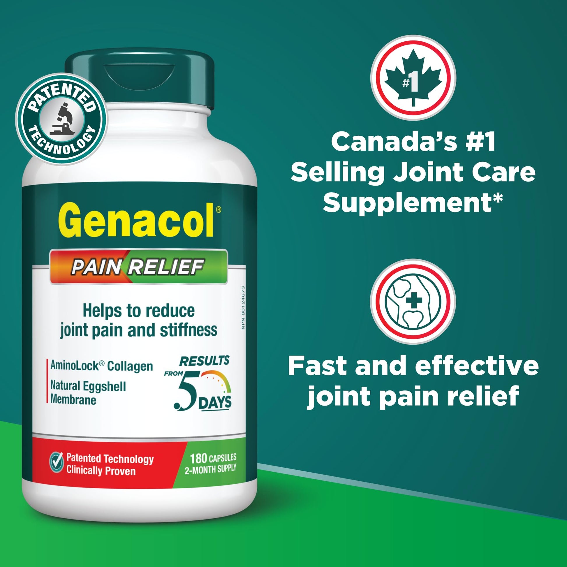 Genacol Pain Relief (60-Day Supply) – Natural Eggshell Membrane and Ultra-Hydrolyzed Collagen Peptides, Joint Pain Relief Supplement, Results in Just 5 Days, Value Pack, 180 Capsules - Available at All In One Marketplace Canada
