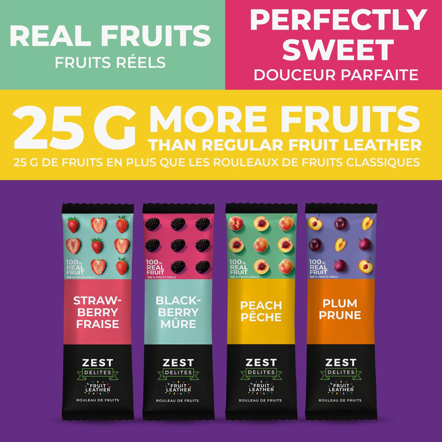 Zest Delites Fruit Leather Variety Pack - 36 Individual Servings (25g each) | Strawberry, Blackberry, Peach & Plum | Gluten-Free Vegan Dried Fruit Snacks