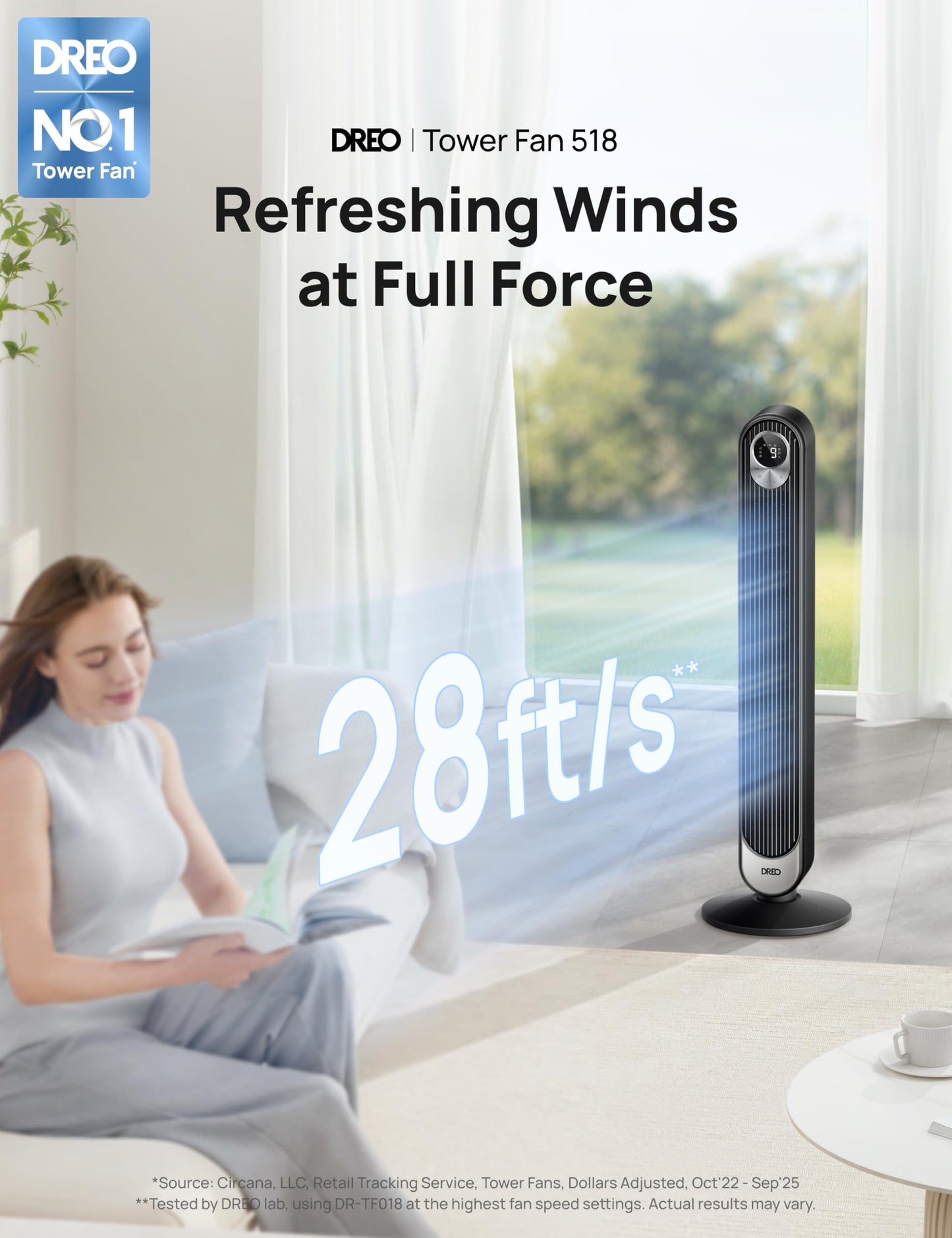 DREO Tower Fan for Bedroom, DC Motor, 28 ft/s, 20dB Quiet Oscillating Bladeless Fan with Remote, 9 Speeds, 4 Modes, 12H Timer, LED Display, Standing Floor Fan Powerful for Indoor Home Office Room