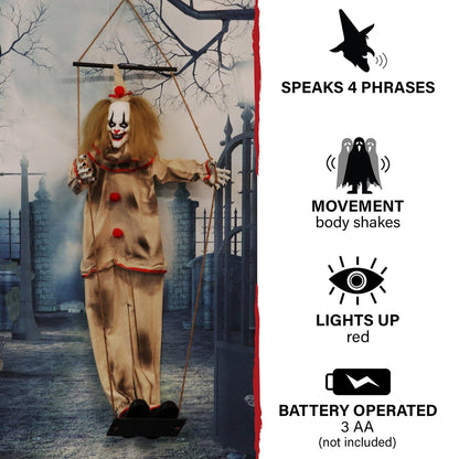 Haunted Hill Farm, clown animé Smalls de 140 cm sur balançoire, décoration d'Halloween pour intérieur ou extérieur couvert, fonctionne sur piles, décoration de fête