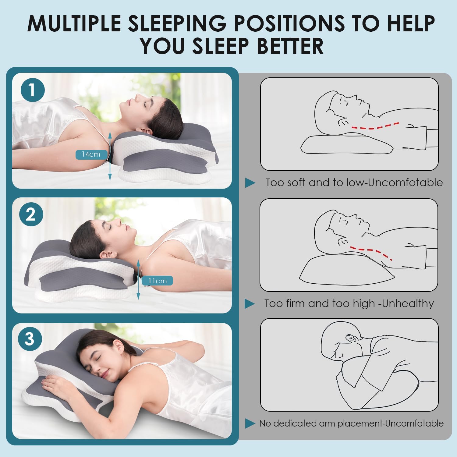 Delyoly Cervical Neck Pillow for Sleeping - Memory Foam Contour Pillow for Neck Pain Relief, Ergonomic Support for Side and Back Sleepers, Orthopedic Pillow with Breathable Ice Silk Cover（Gray）