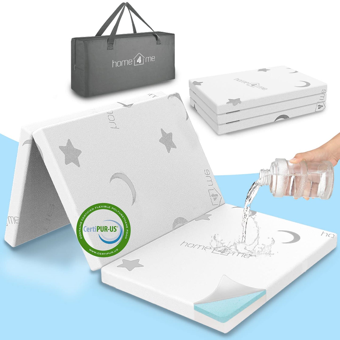 Home4me Pack and Play Mattress, 38" x 26" x 2.4", Portable, Trifold, Waterproof, Dual Sided (Firm & Soft) Mini Crib Mattress, Baby Toddler Memory Foam Mattress Pad for Play Pen