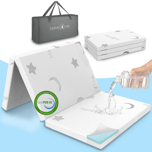 Home4me Pack and Play Mattress, 38" x 26" x 2.4", Portable, Trifold, Waterproof, Dual Sided (Firm & Soft) Mini Crib Mattress, Baby Toddler Memory Foam Mattress Pad for Play Pen