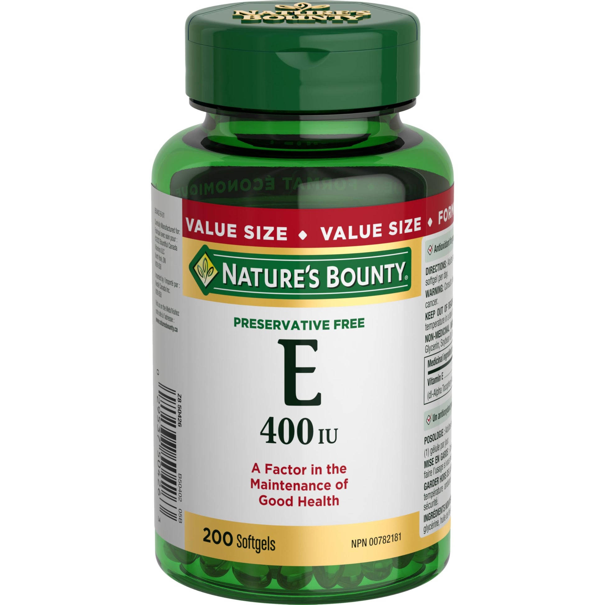 NATURE'S BOUNTY Vitamin E, 400 IU, Antioxidant, Preservative Free, 200 Softgels, 134 g - Available at All In One Marketplace Canada