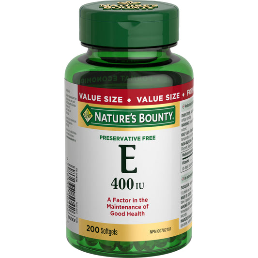 NATURE'S BOUNTY Vitamin E, 400 IU, Antioxidant, Preservative Free, 200 Softgels, 134 g - Available at All In One Marketplace Canada
