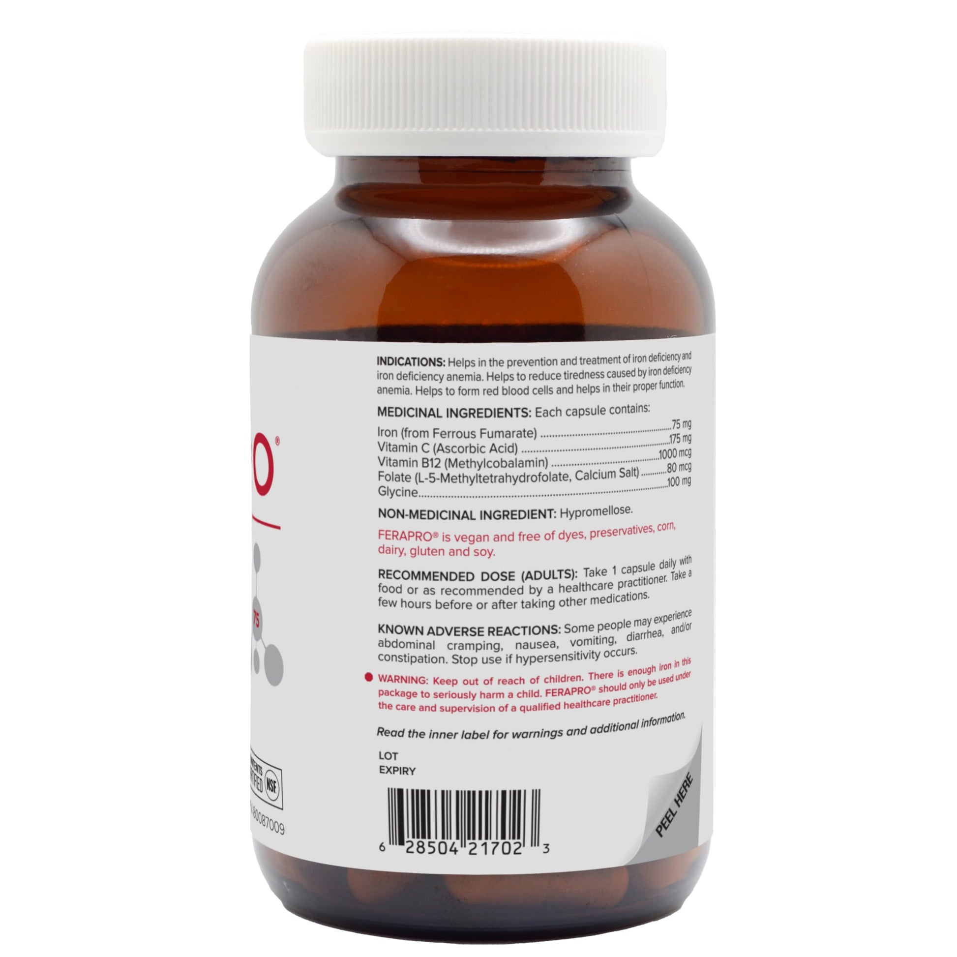 FERAPRO 75 Targeted Iron Support 75 mg Elemental Iron with Vitamin C Methylcobalamin 5-MTHF Glycine 100 Capsules Vegan Clean Label - Available at All In One Marketplace Canada