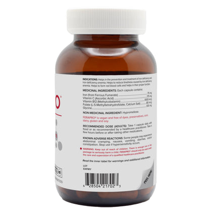 FERAPRO 75 Targeted Iron Support 75 mg Elemental Iron with Vitamin C Methylcobalamin 5-MTHF Glycine 100 Capsules Vegan Clean Label - Available at All In One Marketplace Canada