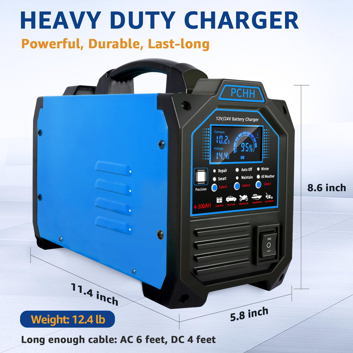 PCHH 12V 24V Car Battery Charger Heavy Duty, 0-15A Automatic Battery Maintainer, Smart Trickle Charger with Auto Shutoffs, Repair, Winter Mode, for Automotive Car Truck Motorcycle Lawn Mower Boat AGM 🍁 All In One Marketplace Canada