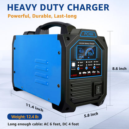 PCHH 12V 24V Car Battery Charger Heavy Duty, 0-15A Automatic Battery Maintainer, Smart Trickle Charger with Auto Shutoffs, Repair, Winter Mode, for Automotive Car Truck Motorcycle Lawn Mower Boat AGM 🍁 All In One Marketplace Canada