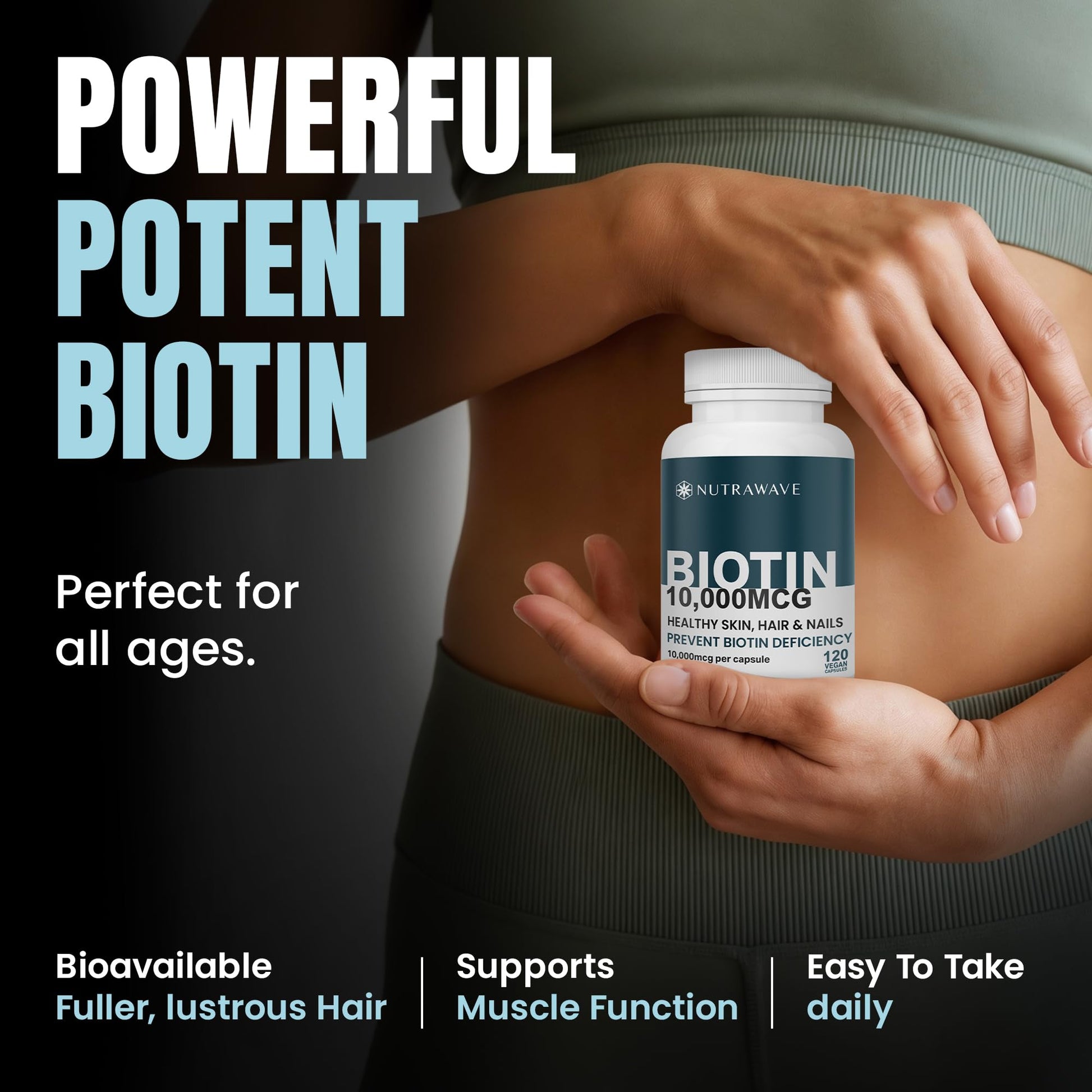 Nutrawave Extra Strength Biotin 10000mcg – Biotin for Hair Growth, Lush Hair, Glowing Skin & Strong Nails, Ideal for Women & Men, Non-GMO, Vegan, Gluten-Free. 120 Capsules - Available at All In One Marketplace Canada