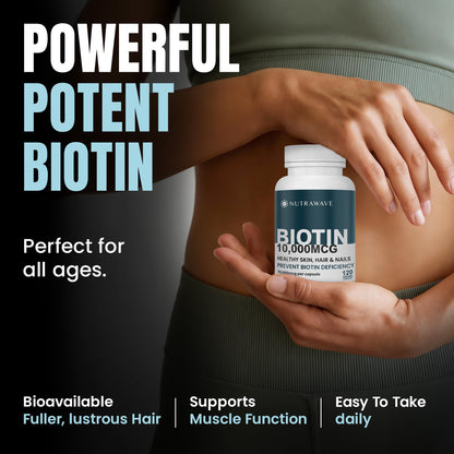Nutrawave Extra Strength Biotin 10000mcg – Biotin for Hair Growth, Lush Hair, Glowing Skin & Strong Nails, Ideal for Women & Men, Non-GMO, Vegan, Gluten-Free. 120 Capsules - Available at All In One Marketplace Canada