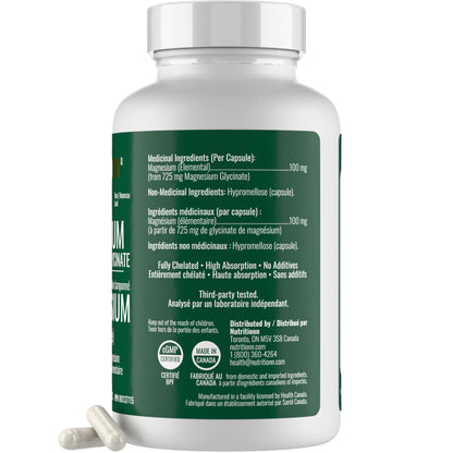 Magnesium Glycinate 100 mg Capsules (Elemental) from Non-Buffered Fully Chelated 100% Magnesium Bisglycinate - 124 High-Absorption Capsules with No Additives - Made in Canada - Nutritionn - Available at All In One Marketplace Canada