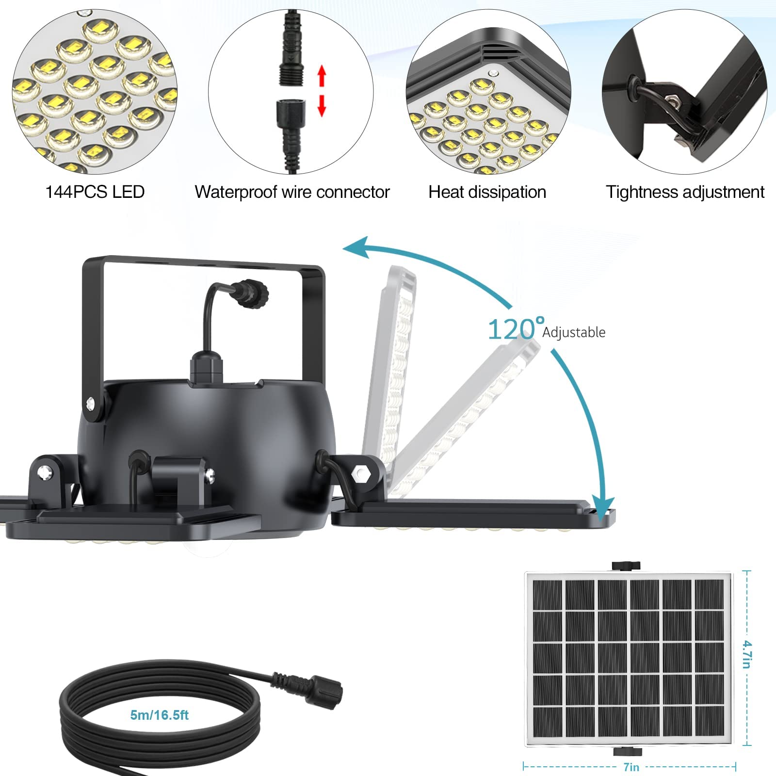 Solar Pendant Light Outdoor Indoor Solar Powered Motion Sensor Shed Light,144LED 1200LM Daytime Work Light with 5 Lighting Modes Remote Control 4 Heads Light for Garage Gazebo Barn Latband